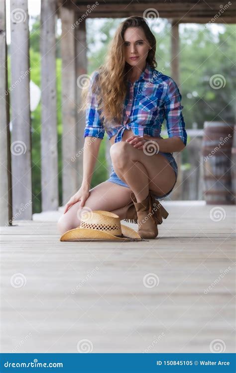 Lovely Brunette Cowgirl Model Posing Outdoors Stock Image Image Of
