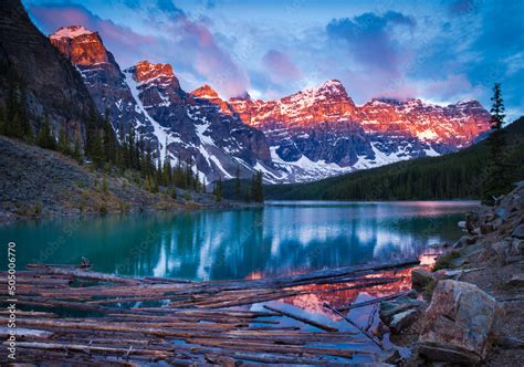 Sunrise At Moraine Lake In Banff National Park Alberta Canada Stock