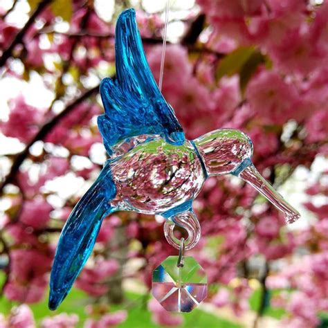 Glass Hummingbird Turquoise With Crystal Hummingbird Hand Blown Crystals