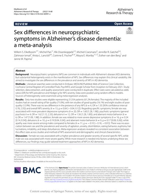 Pdf Sex Differences In Neuropsychiatric Symptoms In Alzheimer’s Disease Dementia A Meta Analysis