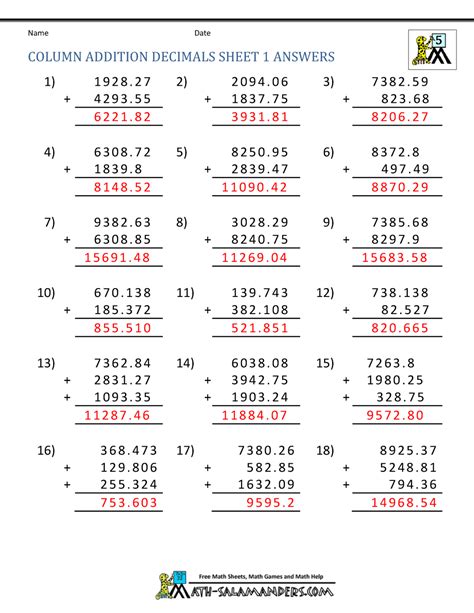 Carolina Free Printable Math Worksheets For 5th Grade Decimals