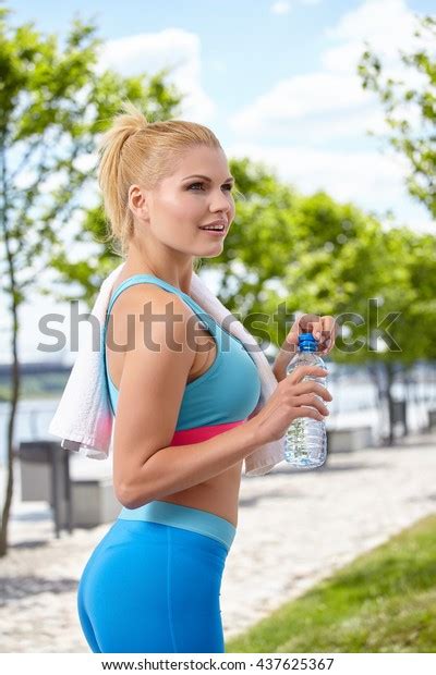 Fitness Woman Drinking Water Bottle Muscular Stock Photo 437625367