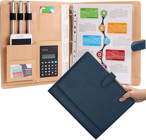 Leather 3 Ring Padfolio With Calculator Blue Professional