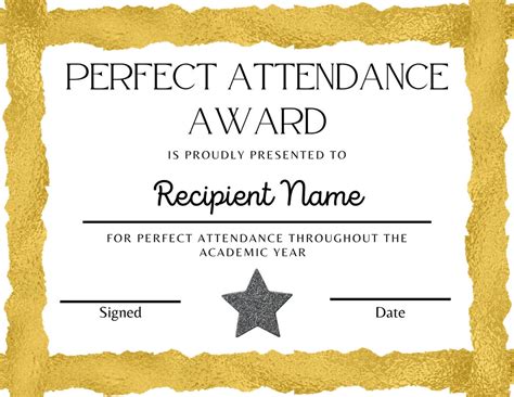 Perfect Attendance Award Gold Perfect Attendance Certificate Etsy