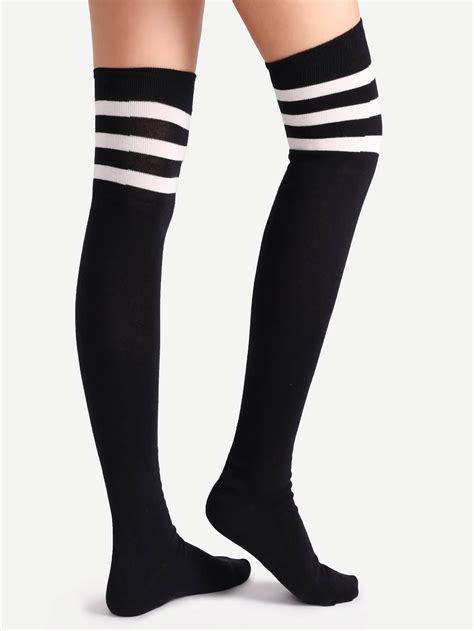 Black Varsity Stripe Over The Knee Socks Shein Sheinside