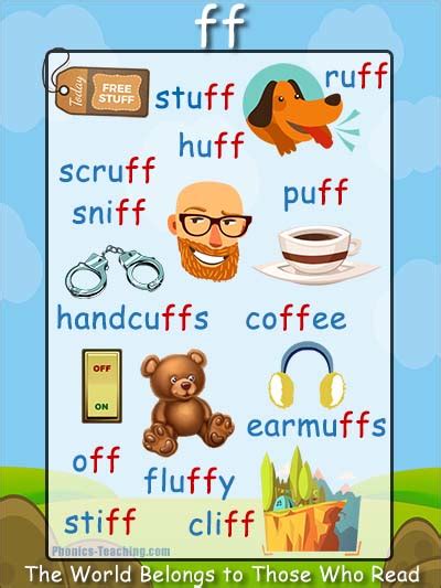 The jolly phonics wall frieze shows all of the 42 letter sounds.the seven sections can be displayed individually or together to create a colourful display. ff Words Phonics Poster - ff word list - Free & Printable