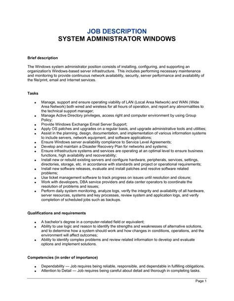 System Administrator Windows Job Description Template By Business In