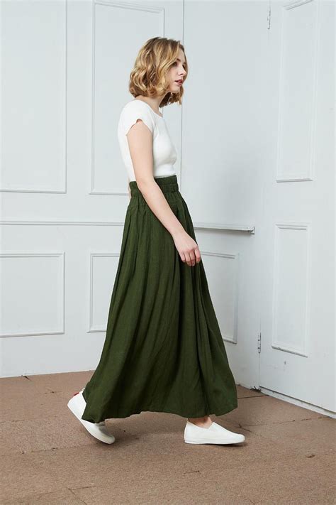 Army Green Skirt Womens Linen Skirt Long Maxi Casual Etsy In