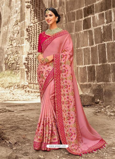 Buy Hot Pink Satin Silk Heavy Embroidered Designer Saree Designer Sarees