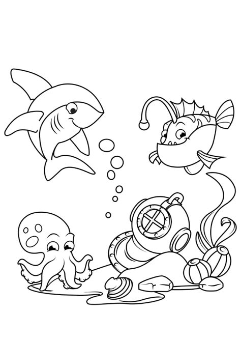 Dibujo para colorear tiburón con rape y calamar en el mar Dibujos Para Imprimir Gratis Img