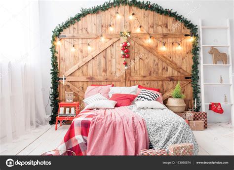 Xmas In Morning Bedroom Double Bed In Christmas Interior On Wood Wall