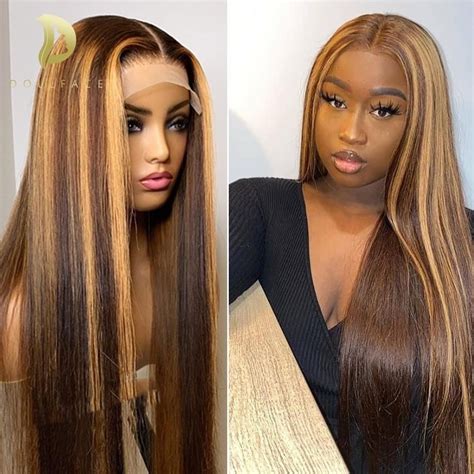 Straight Honey Blonde Lace Front Wigs For Black Women Brown Ombre Human