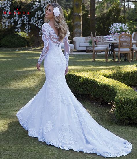 Sexy Wedding Dress Mermaid Long Sleeve Lace Pearls Appliques Gorgesousnew Design Bride Dresses