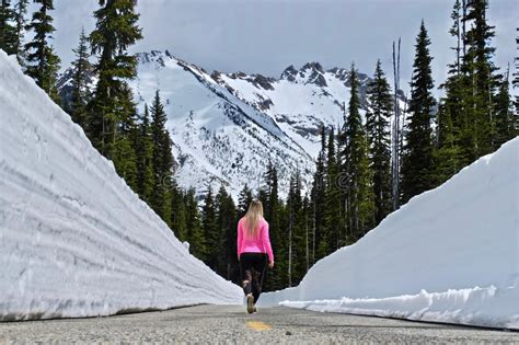 North Cascades Mountains With Snow And Woman Walking On The Road With