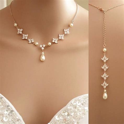Rose Gold Backdrop Necklace Crystal Backdrop Necklace Pearl Cubic