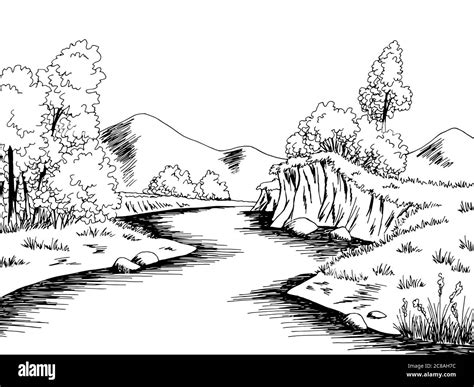 River Graphic Black White Landscape Sketch Illustration Vector Stock