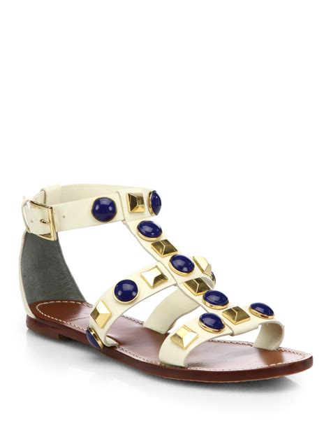 Lyst Tory Burch Vanna Studded Leather Flat Sandals In White