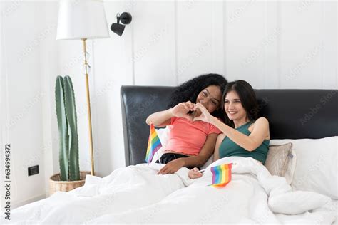 Same Sex Couples Marry Of Different Races With Lgbtq Rainbow Flags For Pride Month While