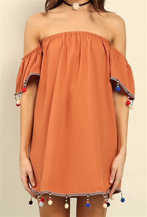 pom pom trimmed off the shoulder dress shop what s new at papaya clothing