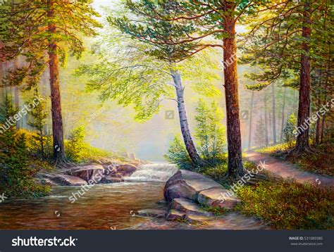 Oil Painting Landscape Colorful Summer Forest Stock