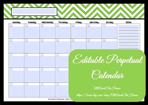 Editable Printable Calendar Perpetual Monthly 1 Page Monday Etsy