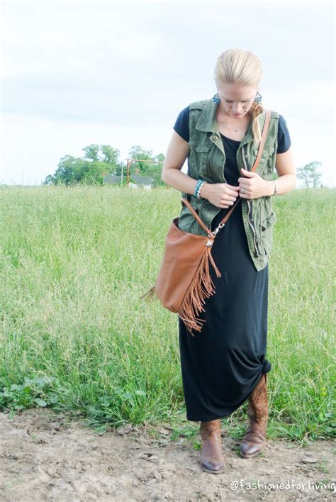 Fashioned For Living Maxi Dress And Cowboy Boots Outfit With Military