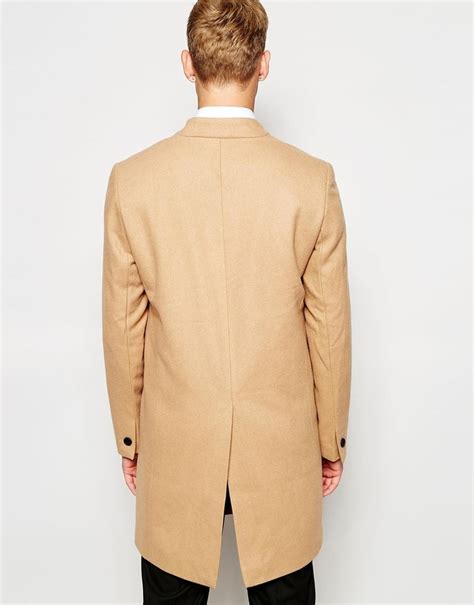 Asos Brand Collarless Double Breasted Overcoat In Camel 154 Asos