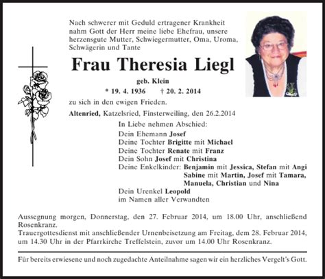 Traueranzeigen Von Altenried Theresia Liegl Mittelbayerische Trauer