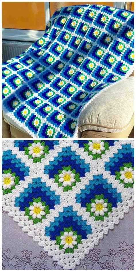 Mitered Daisy Granny Squares Blanket Free Crochet Tutorial Granny