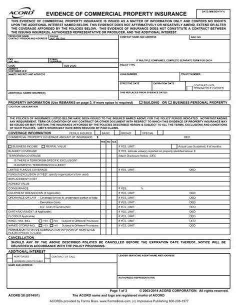 Fillable Acord Form Evidence Of Property Insurance Printable Forms