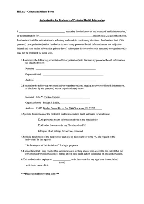 Hipaa Compliant Release Form Authorization For Disclosure Of