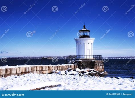 Portland Maine Breakwater Lighthouse Winter Scene Stock Image Image