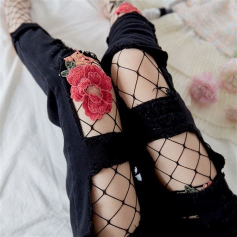 Sexy Hollow Out Fishnet Pantyhose Women Chic Red Peony Handmade
