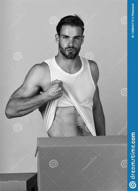 Man Showing Torso Among Cardboard Boxes Stock Image Image Of Deliver Male 128844719