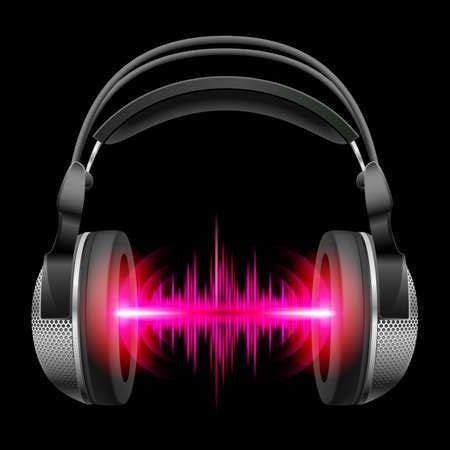Headphones With Red Sound Waves On Black Background Stock Photo
