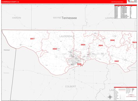 Lauderdale County Al Zip Code Wall Map Red Line Style By