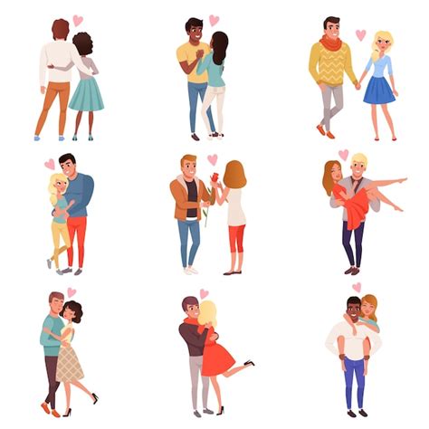 Premium Vector Young Men And Women Characters In Love Hugging Set