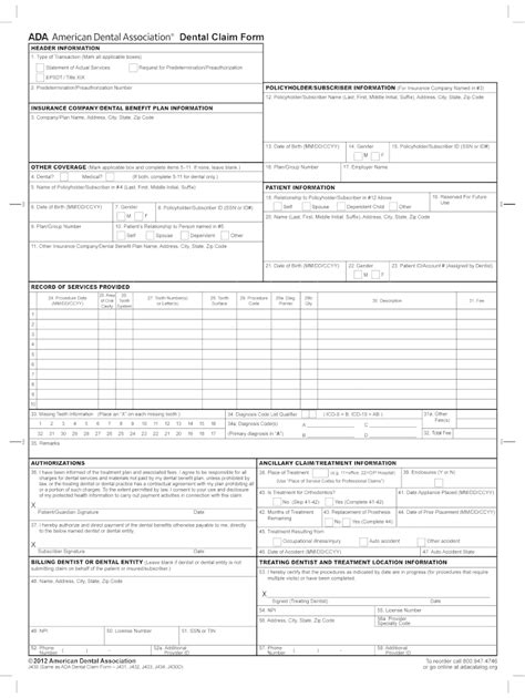 Printable Ada Dental Claim Form 2012 Fill Out And Sign Online Dochub