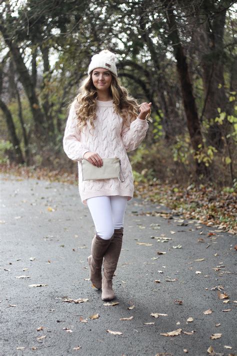 Pink Cable Knit Sweater With White Jeans And Over The Knee Tan Suede