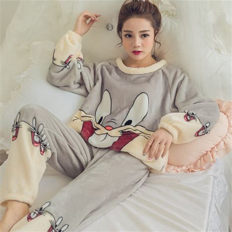 Women Thicken Cute Rabbit Flannel Pajama Sets Cheap Cartoon Bunny