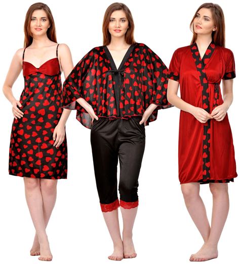 Buy Phalin Womens Black And Maroon Satin Printed Nighty And Robe And Bra And Panty Set Online At Low