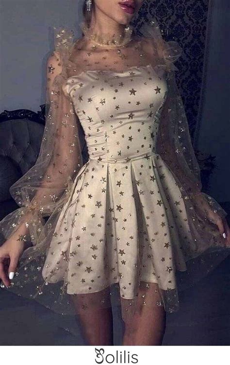 Cute Long Sleeve Grey Tulle Star Homecoming Dresses Above Knee Short