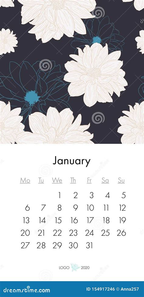 Floral Calendar January 2020 With Fashion Print Plant In Blossom