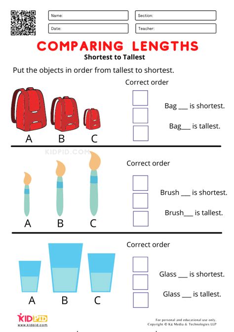 Shortest To Tallest Comparing Lengths Worksheets For Grade I Kidpid