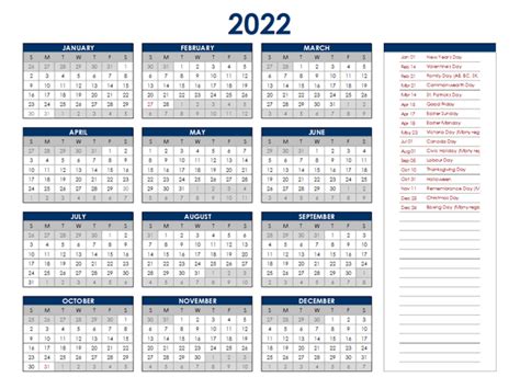 2022 Canada Annual Calendar With Holidays Free Printable Templates