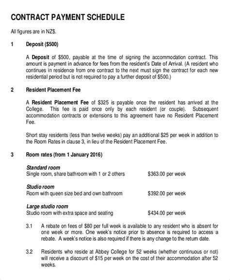 payment schedule template contract printable schedule