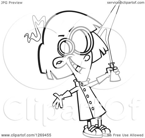 Clipart Of A Black And White Cartoon Mad Scientist Girl Holding Up A