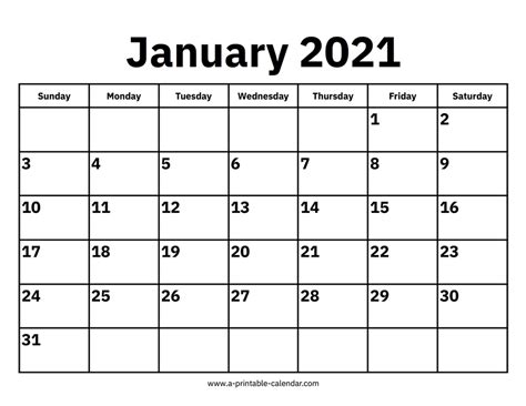 January 2021 Calendars Printable Calendar 2021