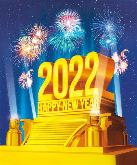 Golden Happy New Year 2022 On A Platform Against Starry Night And