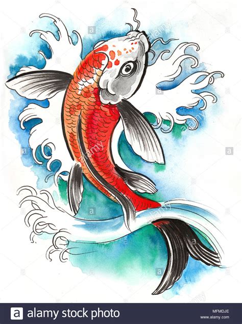 Ink And Watercolor Drawing Of A Koi Fish Stock Photo